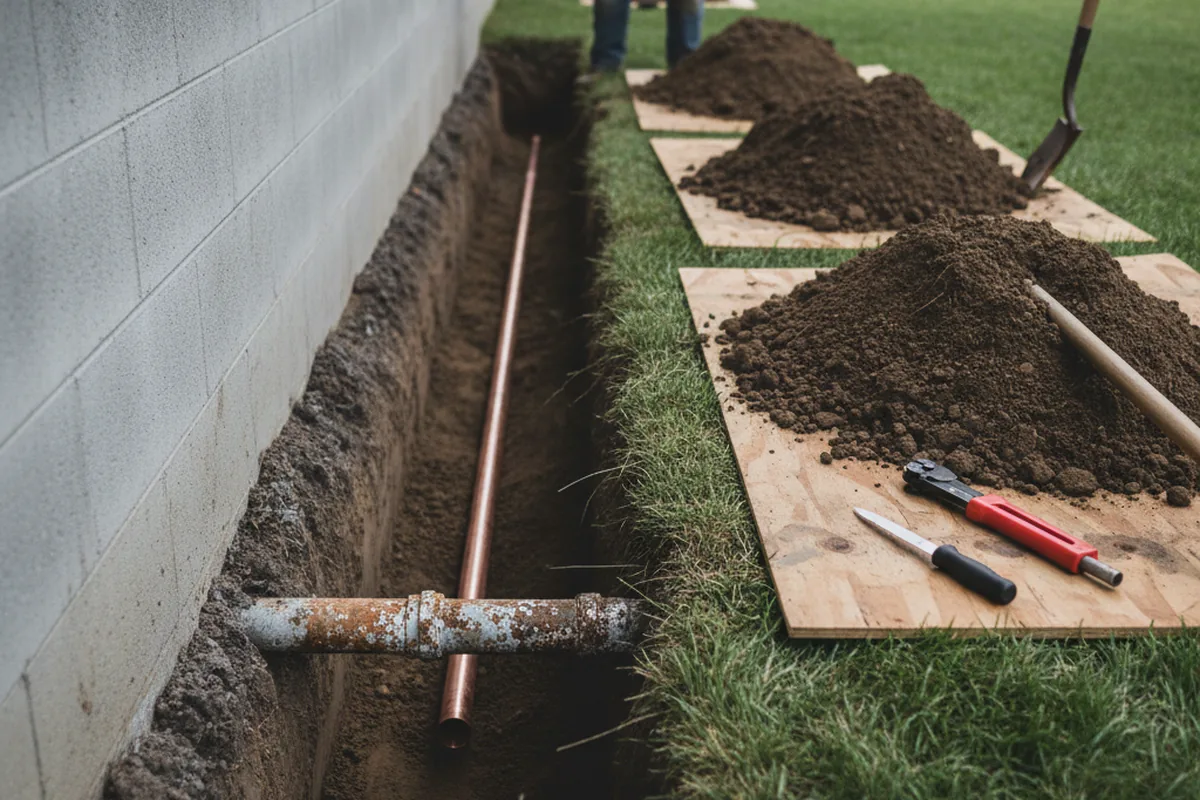 Excavated water line trench during Water Heater Repair in Paw Paw